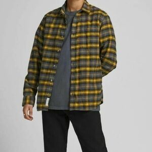 JACHS Yellow Orange Navy Windowpane Plaid Flannel Long Sleeve Button 2XL